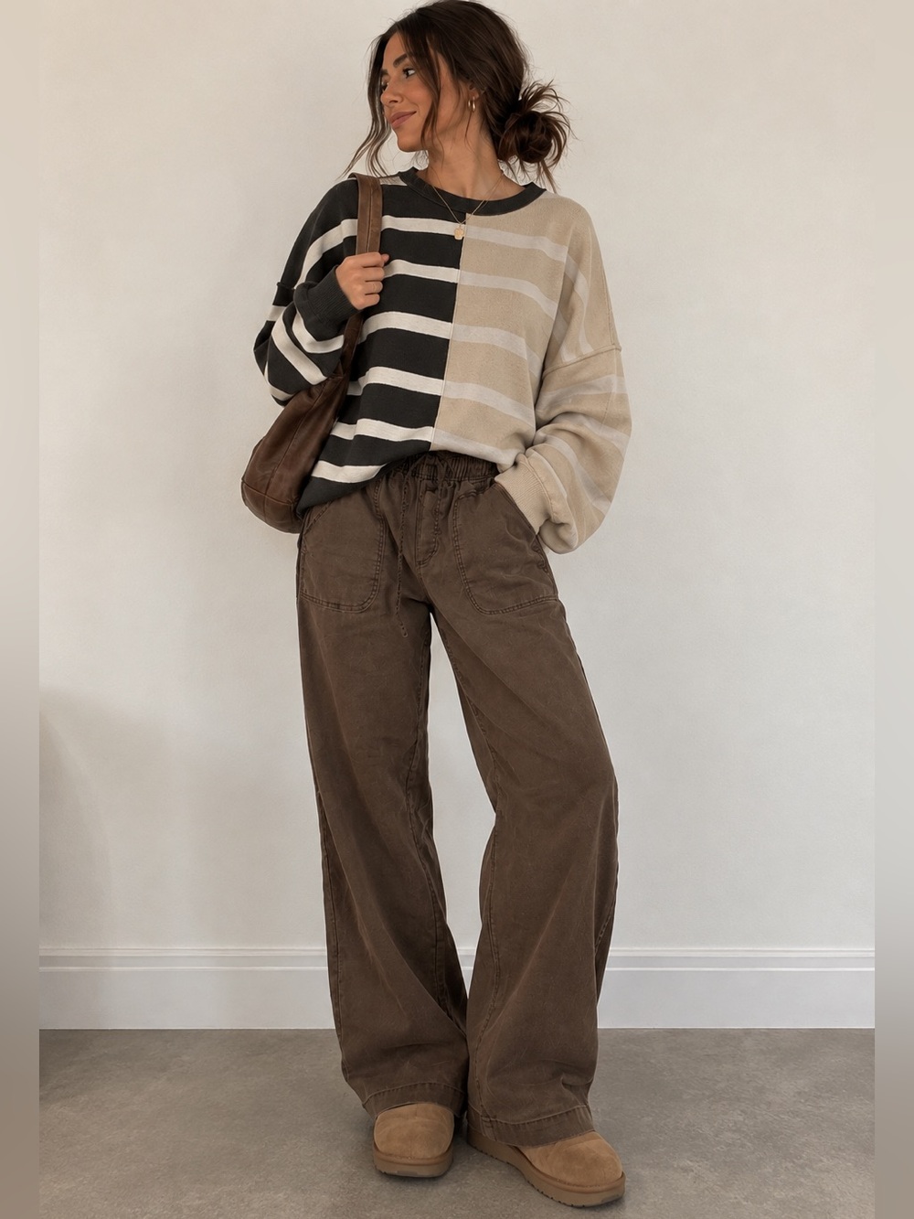 Free People Split-Stripe Crewneck Sweater in Black & Beige,small oversized,